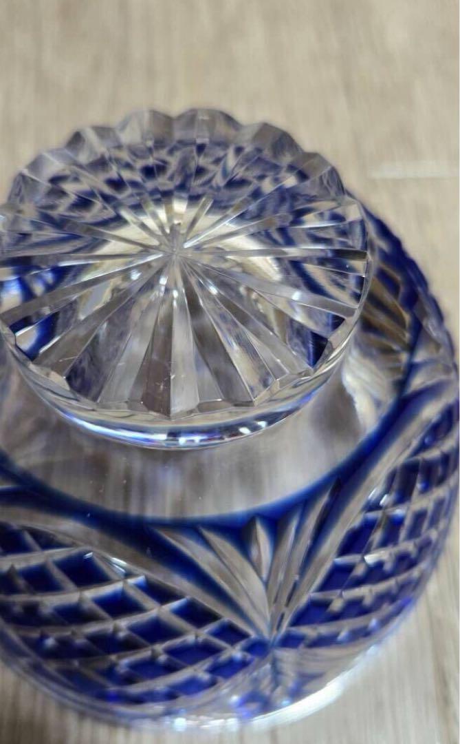 薩摩切子 藍被硝子 剣而松笠文　切子　碗五客揃 茶器 酒杯　カメイガラス　冷茶碗