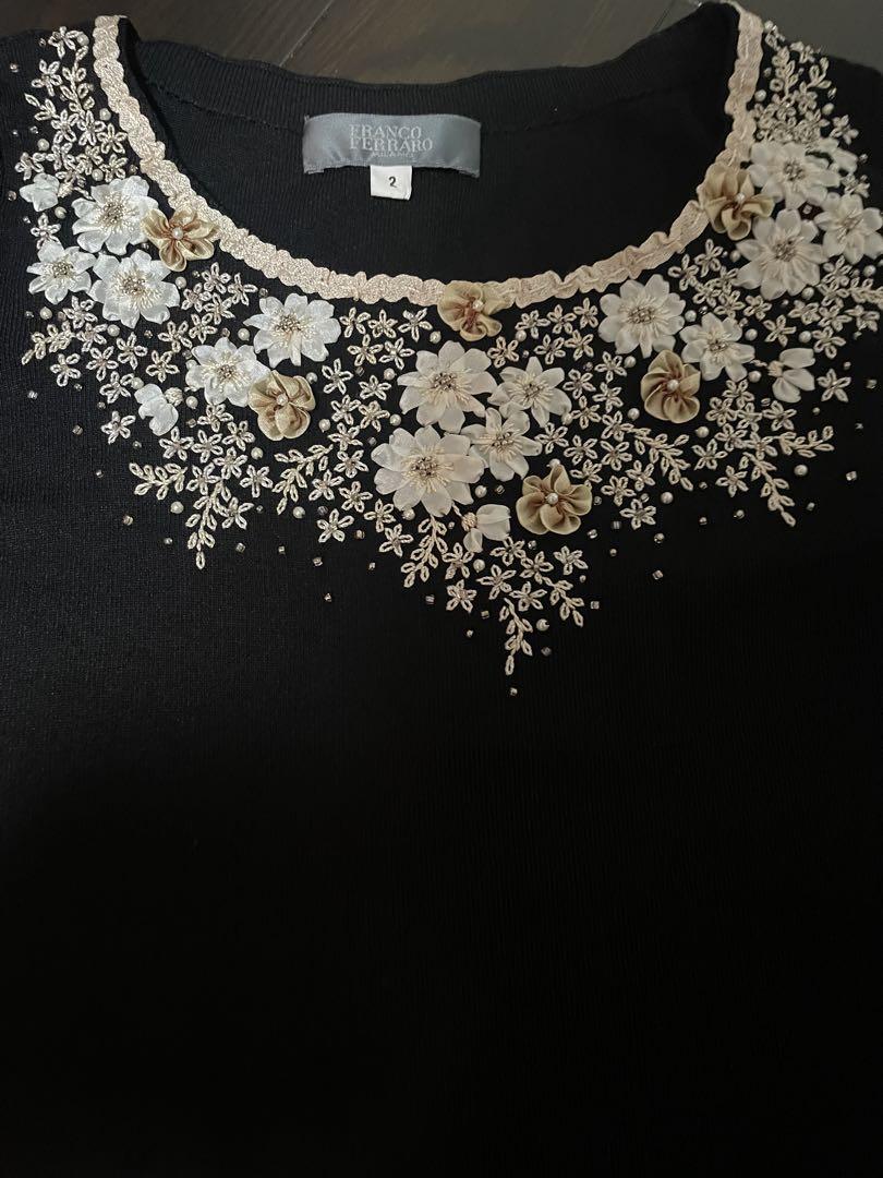 フランコフェラーロ 花柄刺繍 黒 半袖 トップス NWFGP-44260