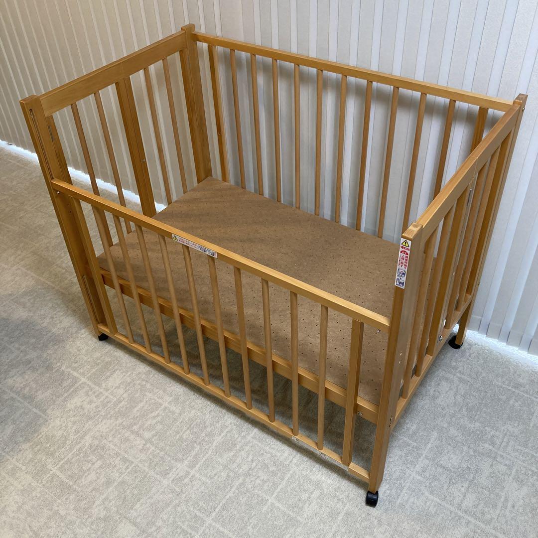 折畳式木製ベビーベッド 約120cm x 70cm キャスター付き　石崎家具