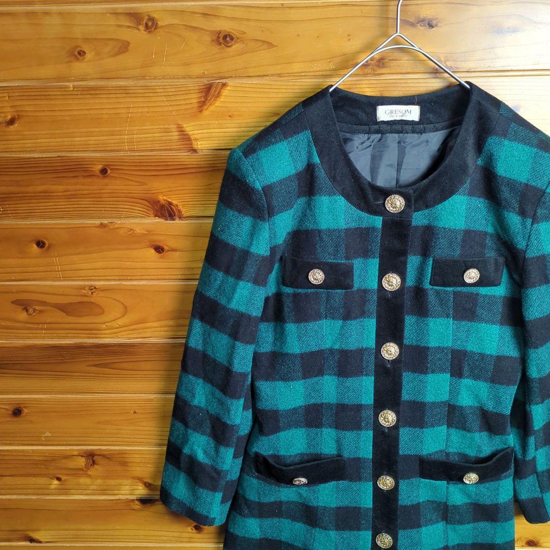 ノー ジャケット金ボタン チェック柄 M 緑 黒 レトロ ヴィンテージ 古着