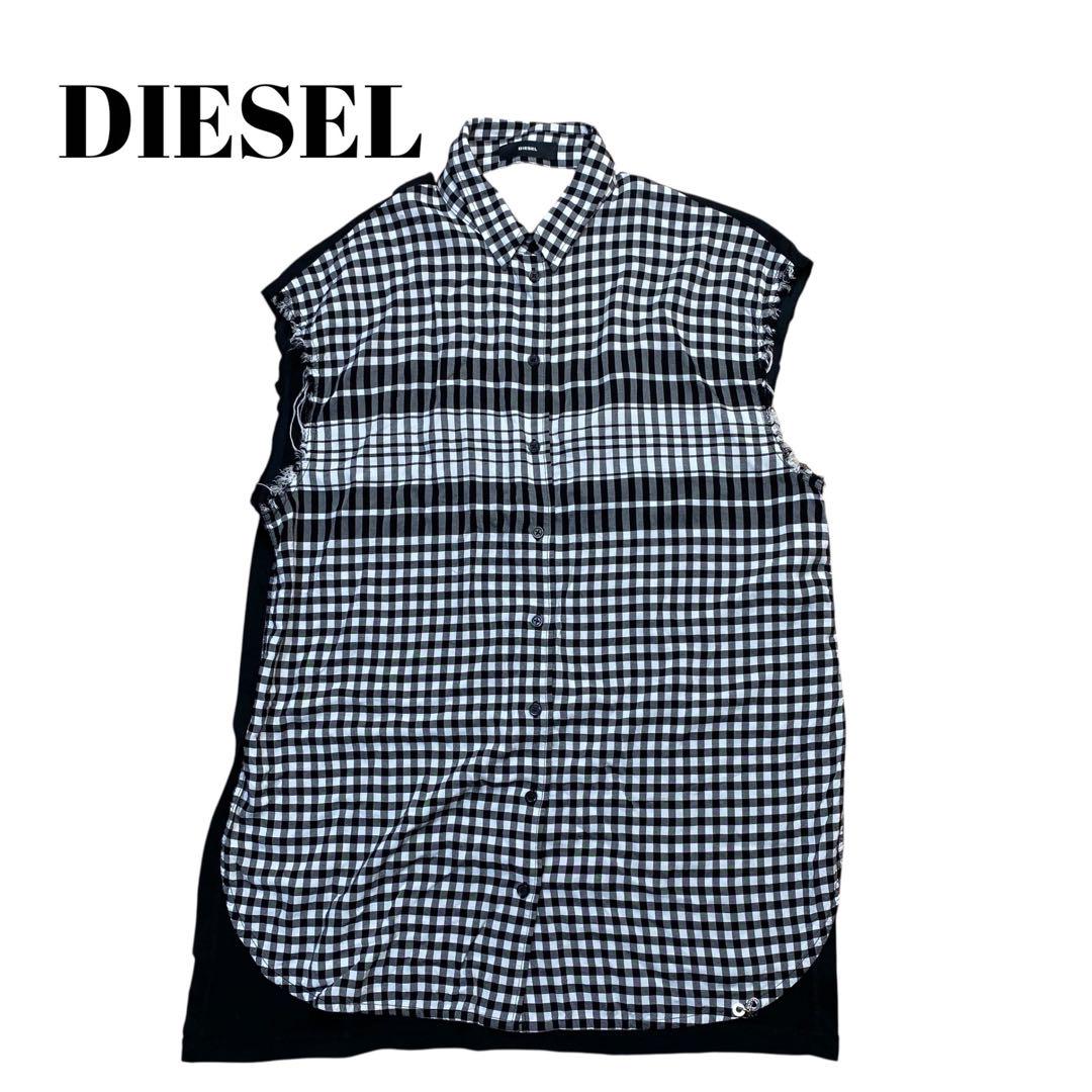 激レアディーゼル DIESEL マルチチェック 切替 ノースリーブ　シャツ　変形