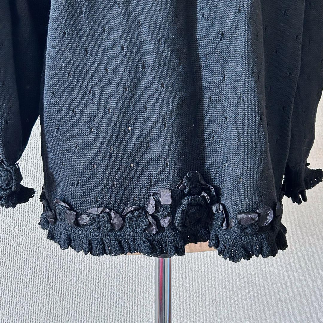 美品　アトリエまりこ　ウールカーディガン　黒　バラモチーフ　羽織り　透かし編み