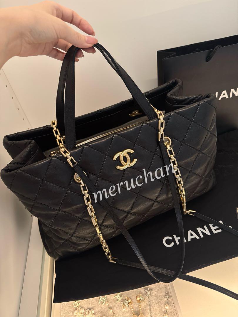 CHANEL マトラッセ チェーンショルダー トートバッグ ラムスキン 黒 金