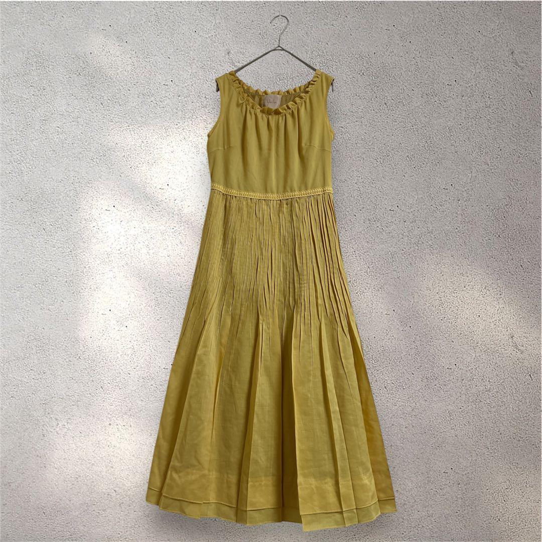 シビラ フリル襟 クラッシュプリーツワンピース リネンブレンドM