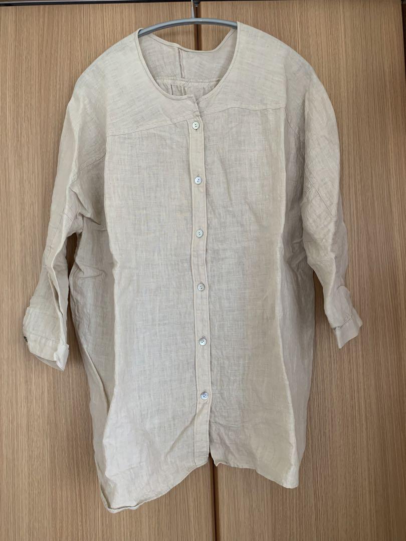 【未使用美品】ヤンマ産業　YAMMA リネン　ノーカラービッグシャツ　ベージュ系