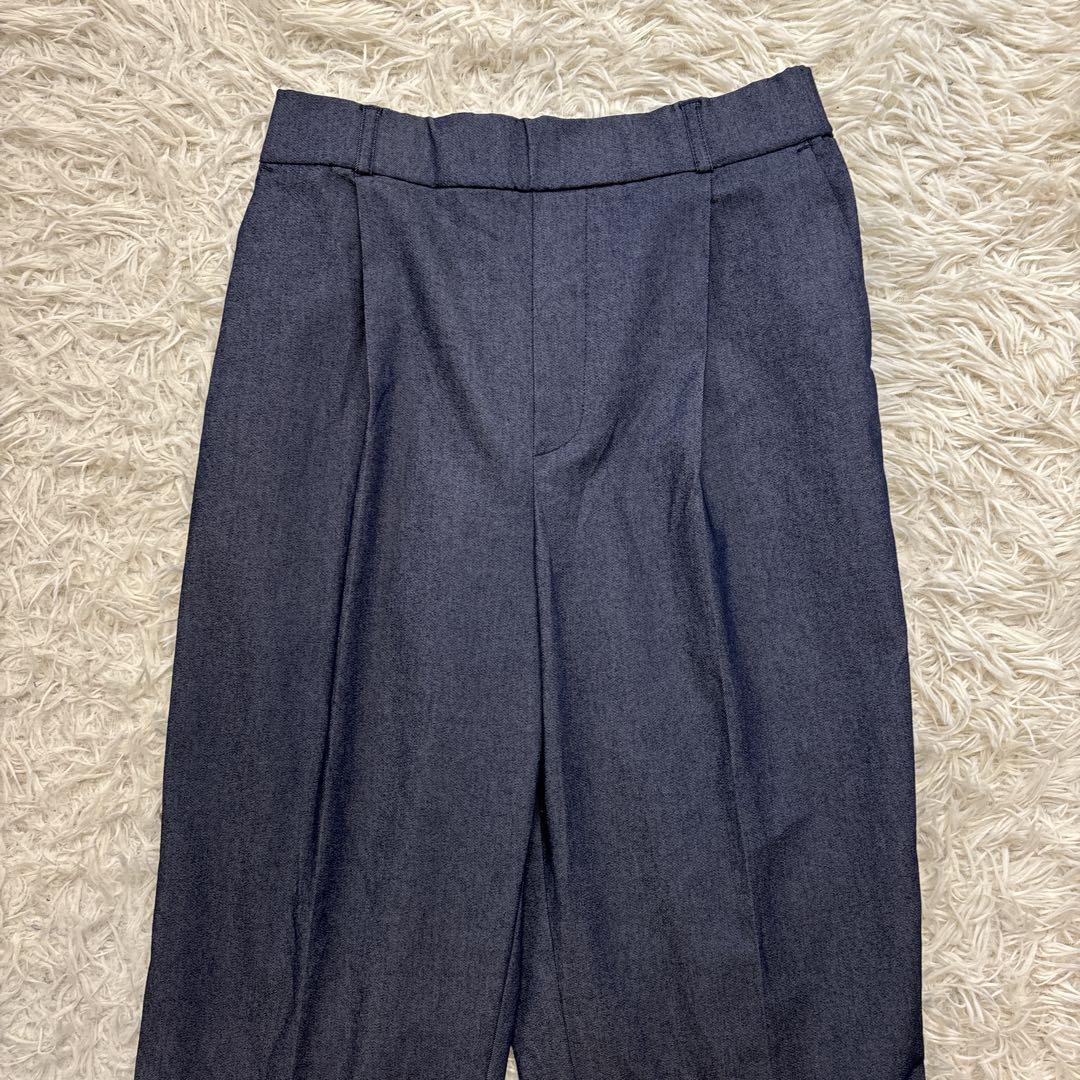 極美品【グローバルワーク】インディゴ　ノーカラー　パンツスーツ　ウエストゴム　L