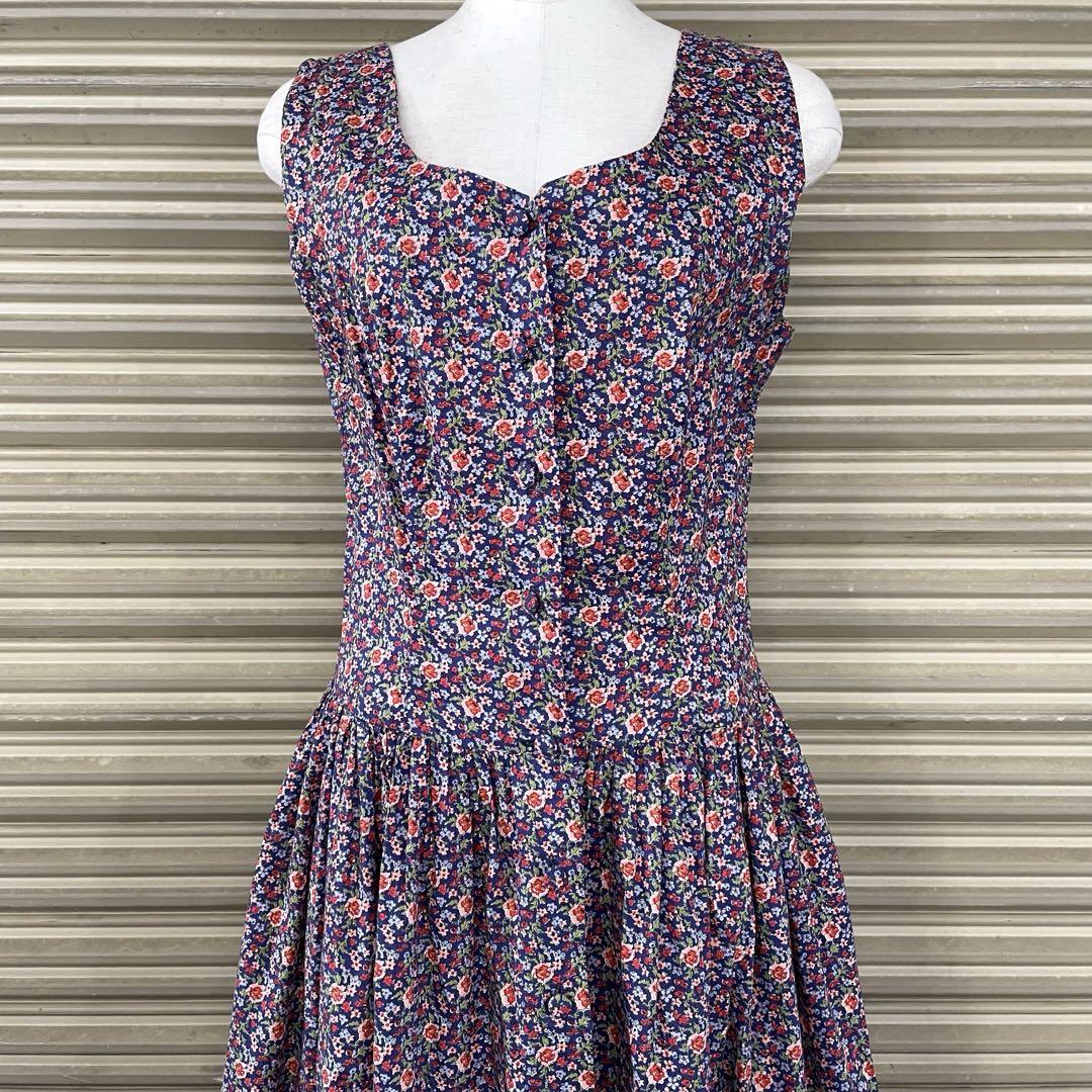 90s リバティ ノースリーブワンピ タックフレア 小花柄 レトロ used