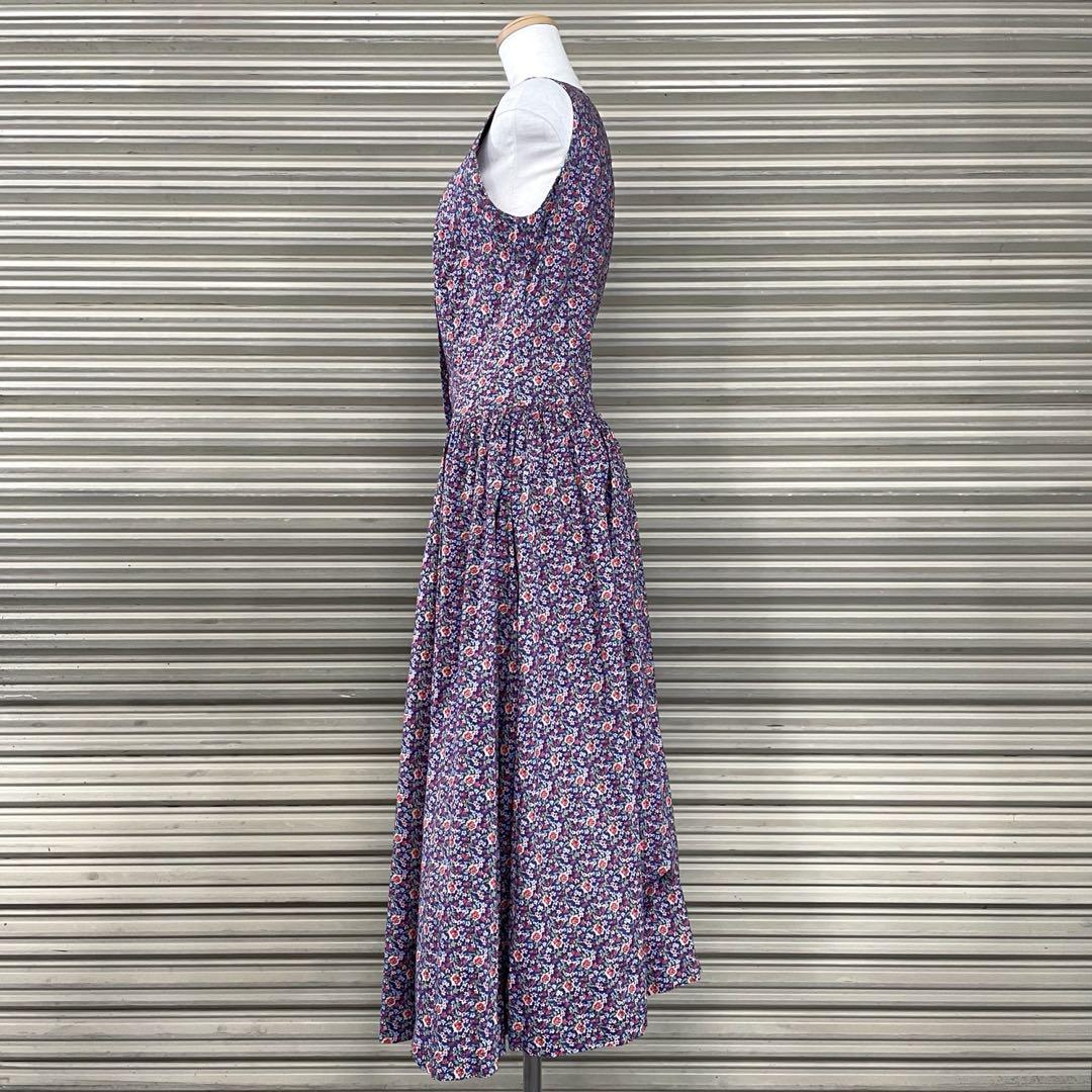 90s リバティ ノースリーブワンピ タックフレア 小花柄 レトロ used
