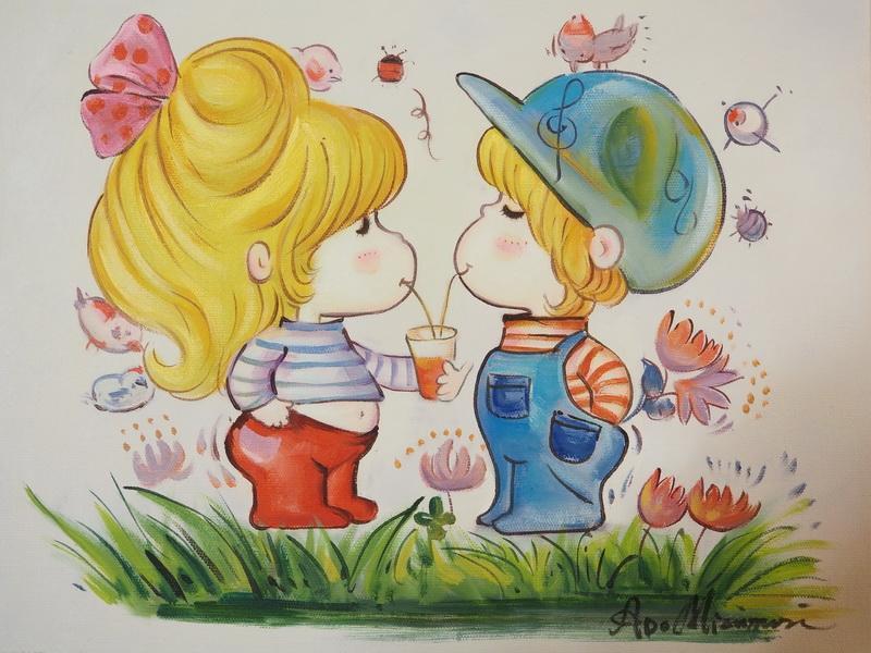 人物画　油絵　水森亜土　F6号　額付き　手描き　肉筆