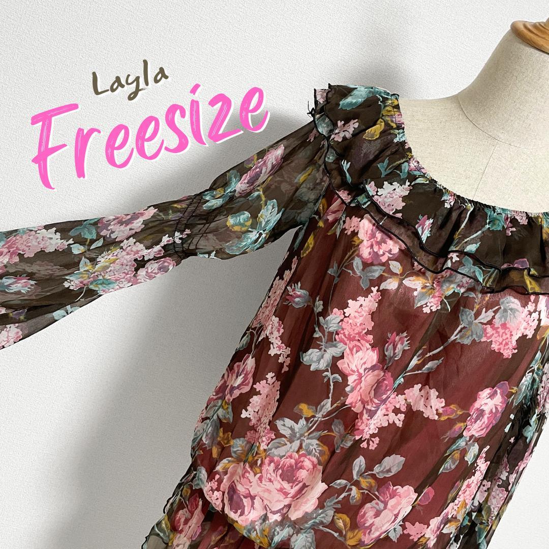 超最新作 【美品】Layla ブラウン 花柄カットソー フリー 総柄 1189.1