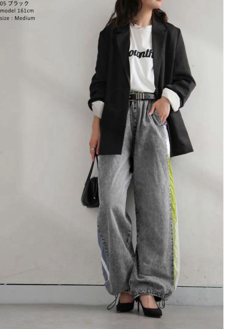 切替ラインデニムパンツ レディース ワイドシルエット　ブラック　medium