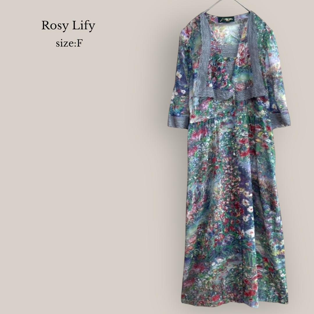 【バラ色の暮し】Rosy Lify ロングワンピース　花柄　総柄　5分袖　レース