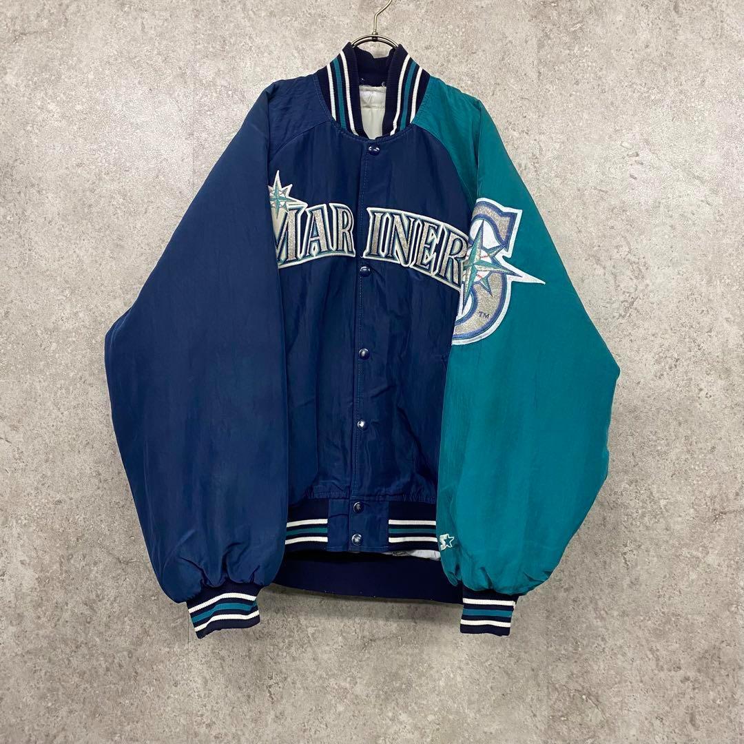 レア古着スターターUSA製90s○MLBマリナーズ 刺繍ナイロンジャケット L