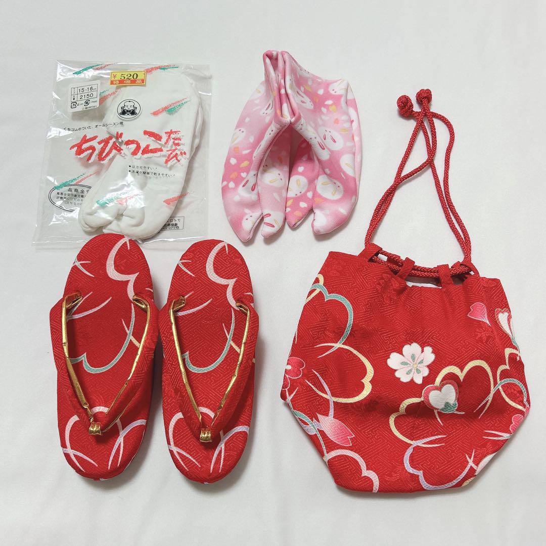 七五三 3歳 女の子 赤 桜 7点セット 着物 被布 長襦袢 足袋 草履 巾着 画像11