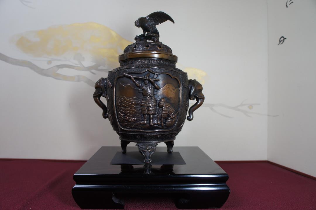RINA樣★本場 高岡銅器 宏作 特大武者高級銅製香炉 日展作家造 送料込み