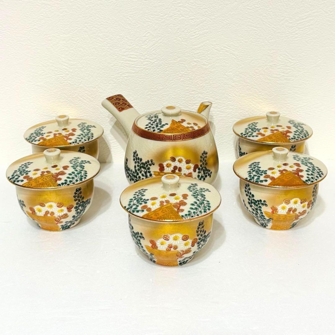 ⭐️ 九谷焼 柏翠窯 金彩 垣菊 茶器揃（ 急須 1個 湯呑み 5客) 美品⭐️