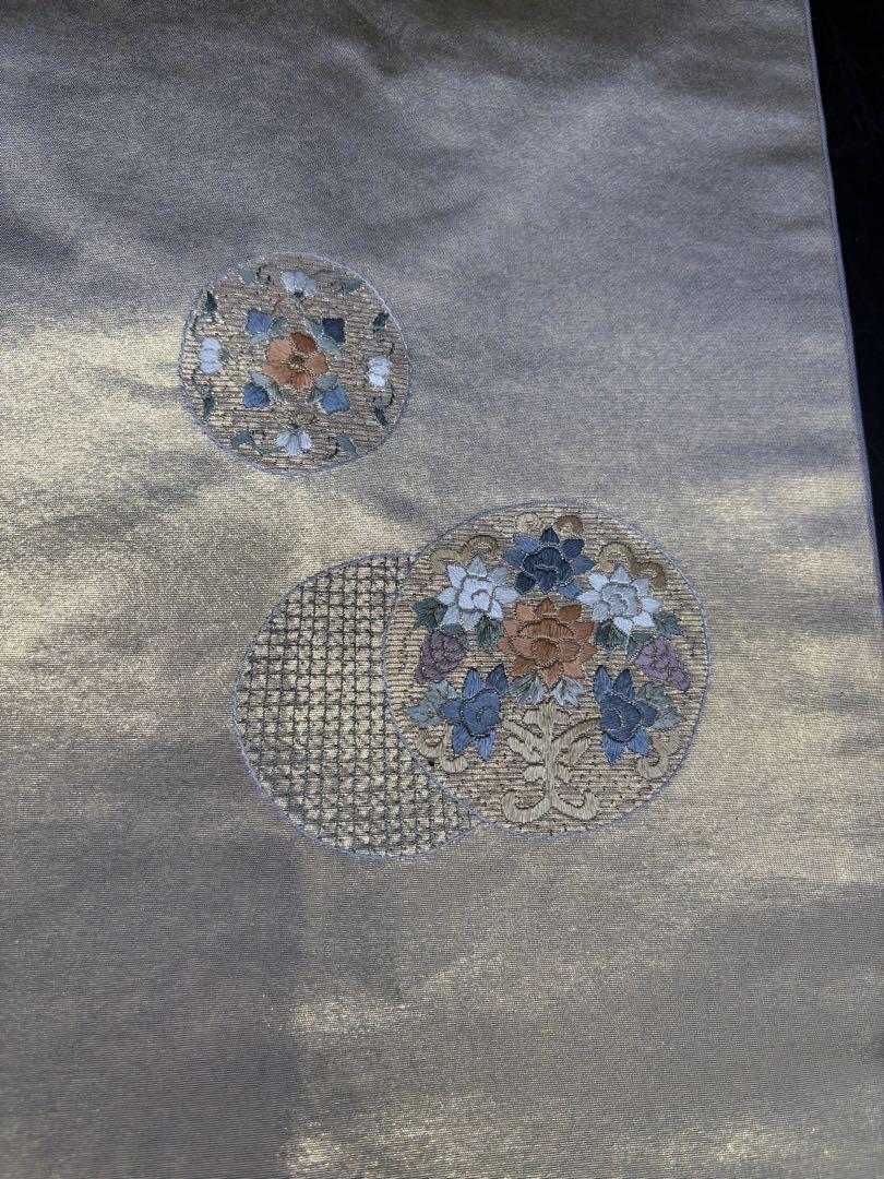 高級 正絹 洒落帯 名古屋帯 アンティーク 金系 金糸 刺繍 花柄
