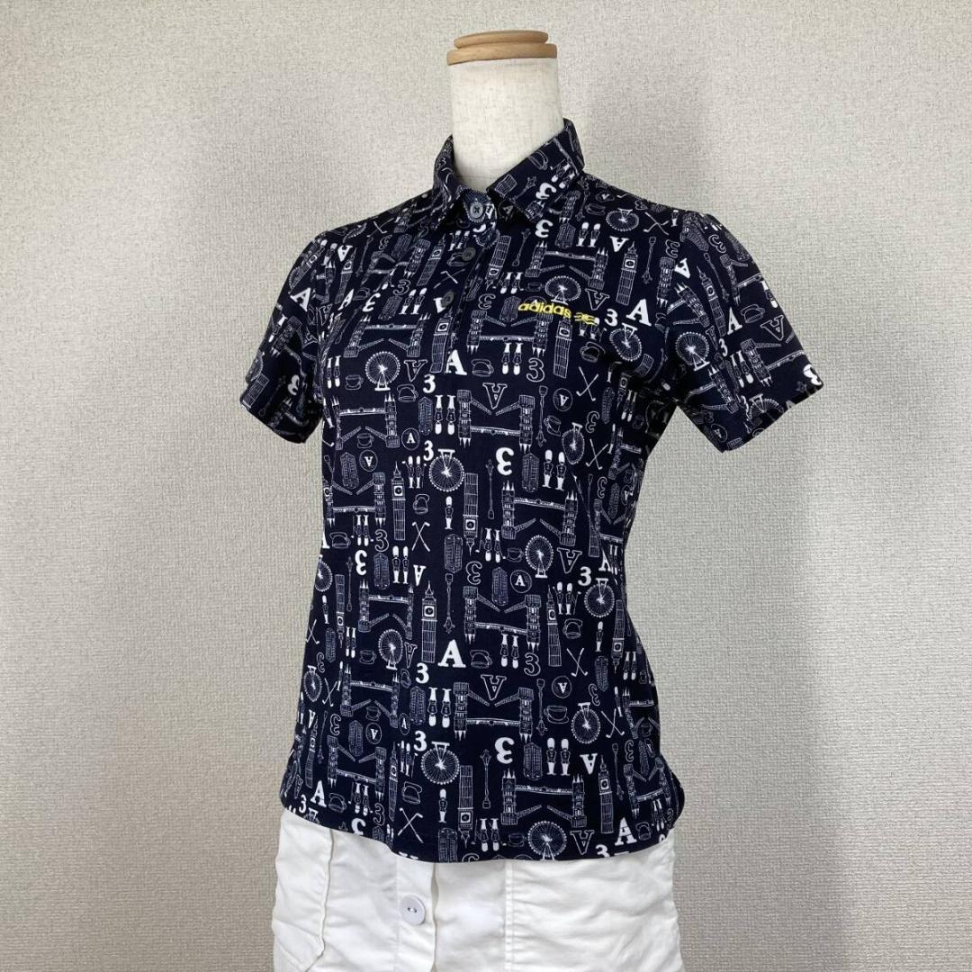 【アディダス】ゴルフウェア　シャツ　ネイビー　M　美品 半袖 総柄 Y2K