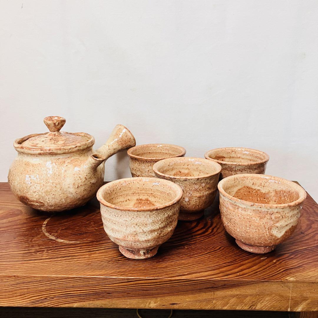【作家物】末次観節 萩焼茶器セット（急須＋湯呑み5客）茶器　陶芸　萩焼 松月庵