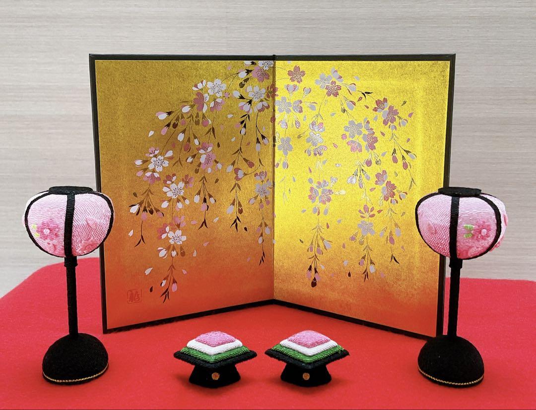 お雛様小道具【桜金屏風&ぼんぼり一対&菱餅一対】ひな祭り ミニチュア 初節句新品