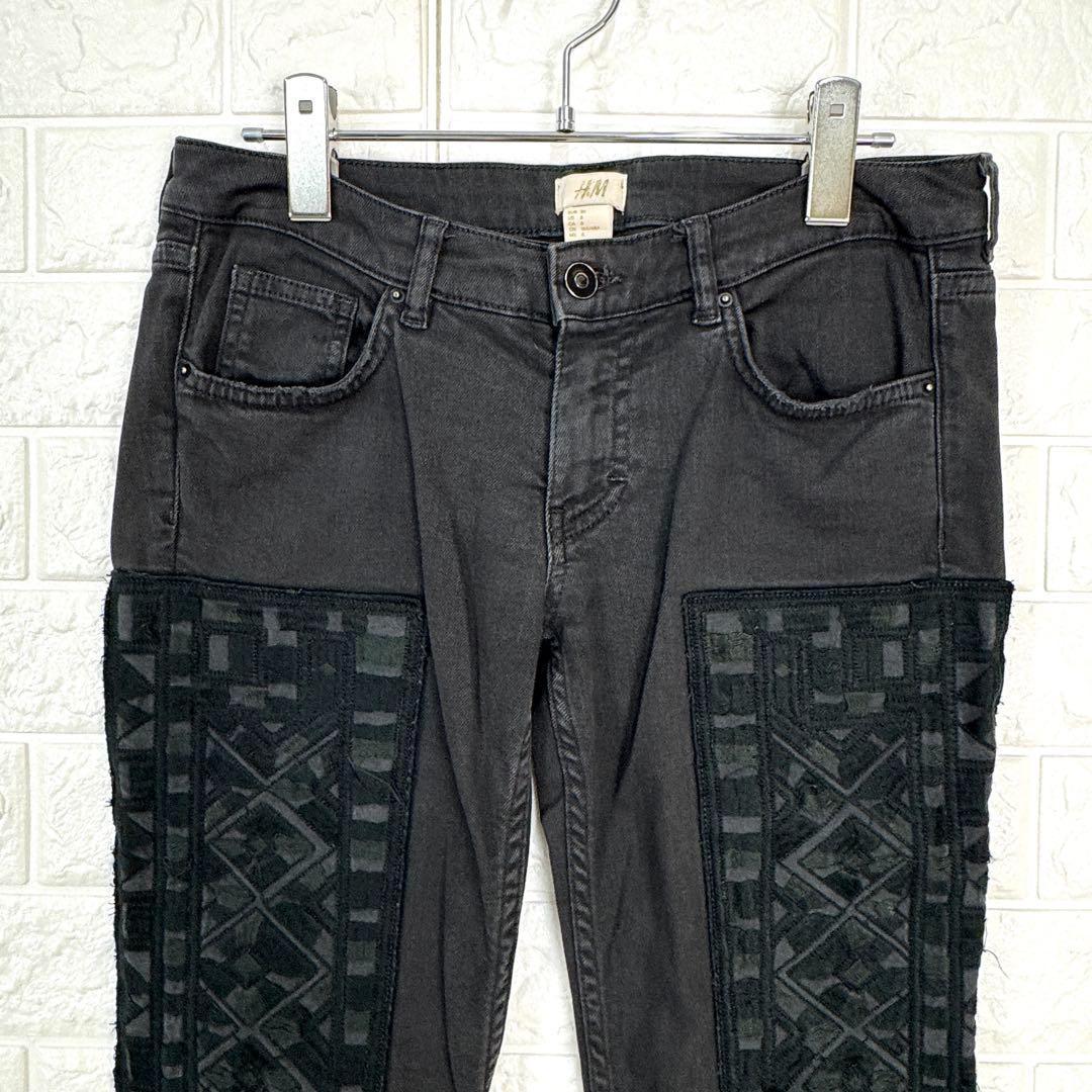 ☆エイチアンドエム【S~M】黒系 デニムパンツ 刺繍パッチワーク