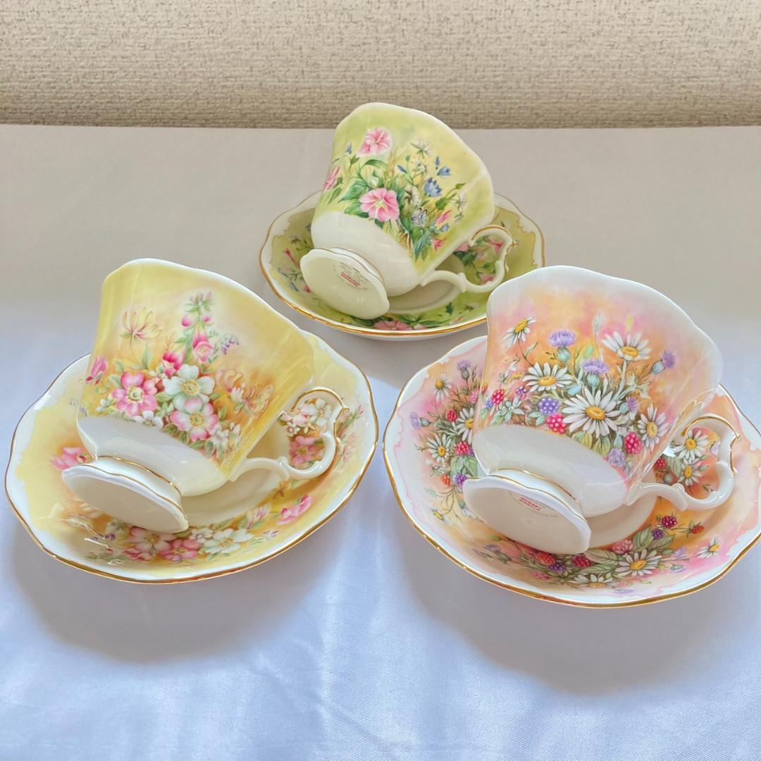 【未使用】ROYAL ALBERT シェイクスピアフラワー3客 黄 緑 ピンク