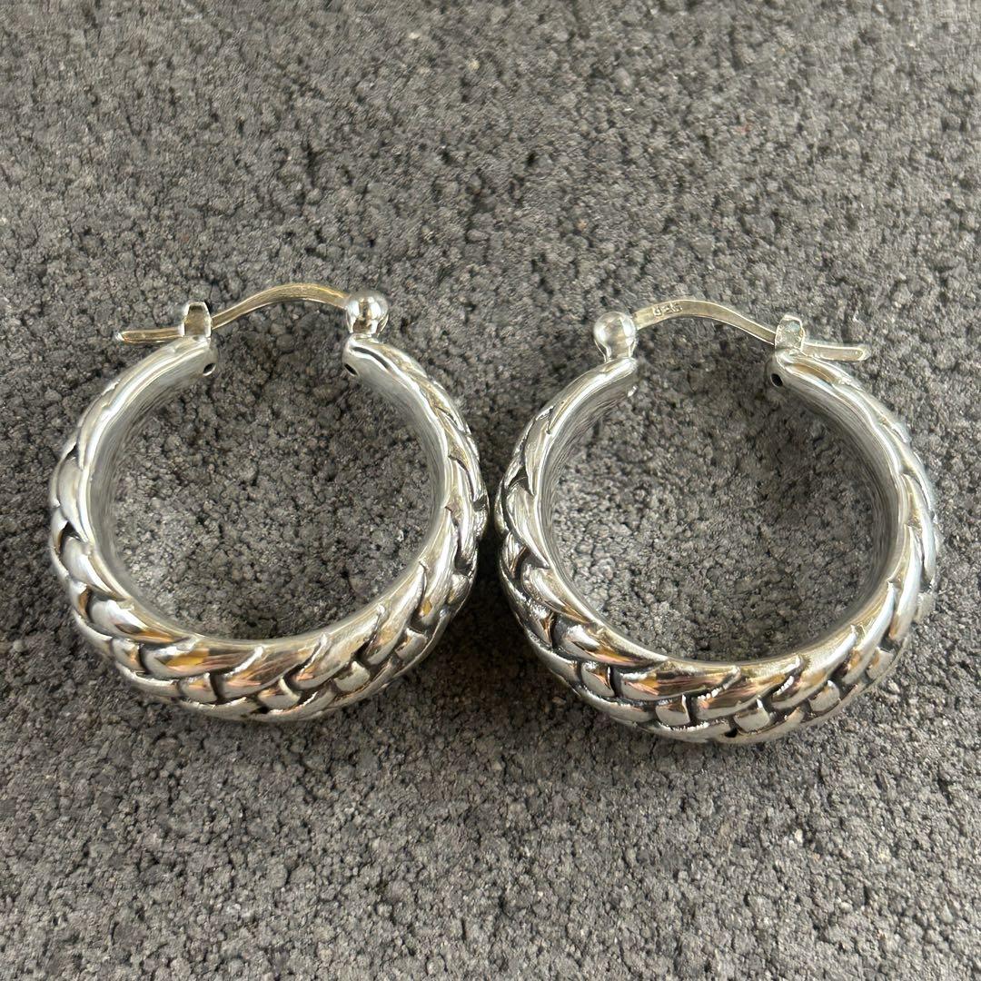シルバー925 Silver 編み込みデザインワイドピアス/軽研磨仕上げ/両耳