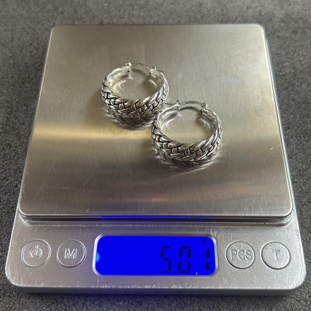 シルバー925 Silver 編み込みデザインワイドピアス/軽研磨仕上げ/両耳