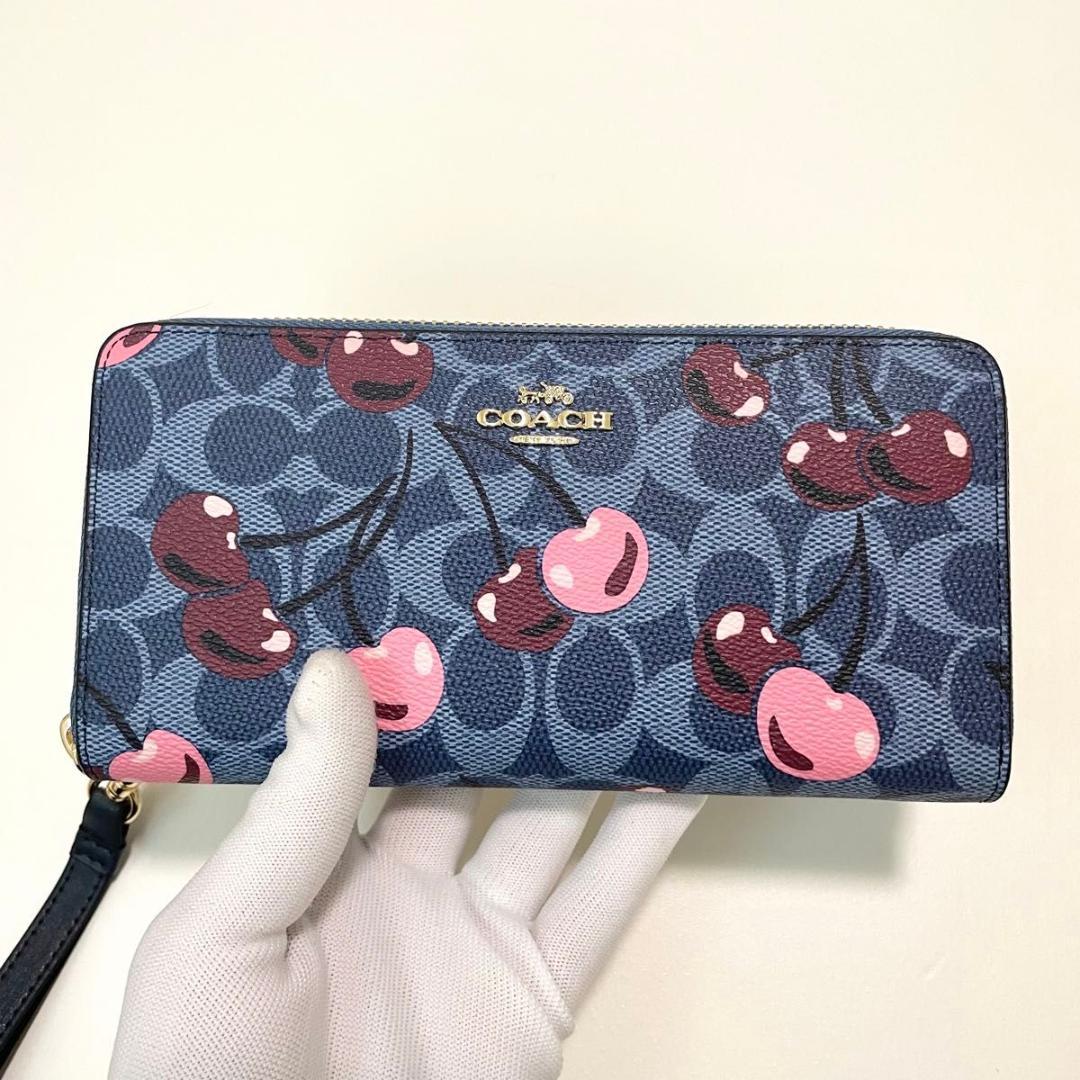 コーチ 長財布 ウォレット シグネチャー キャンバス チェリー プリント デニム