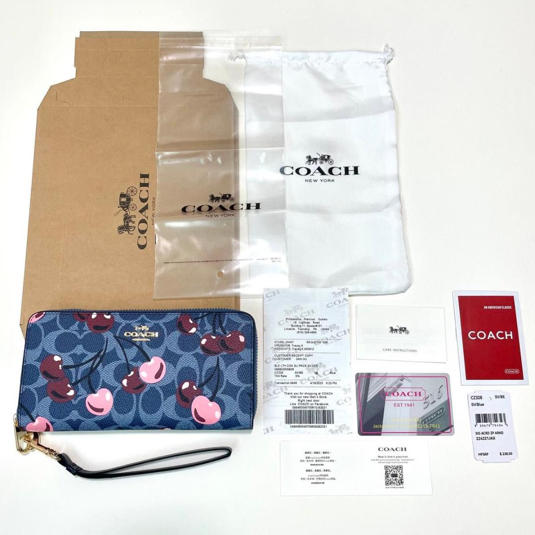 コーチ 長財布 ウォレット シグネチャー キャンバス チェリー プリント デニム