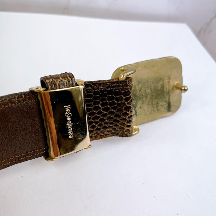 ブランド㊆ 美品 ブラウン レザー ロゴバックル RBAF3-m46414024325 イヴサンローラン YSL ベルト カラーブラ