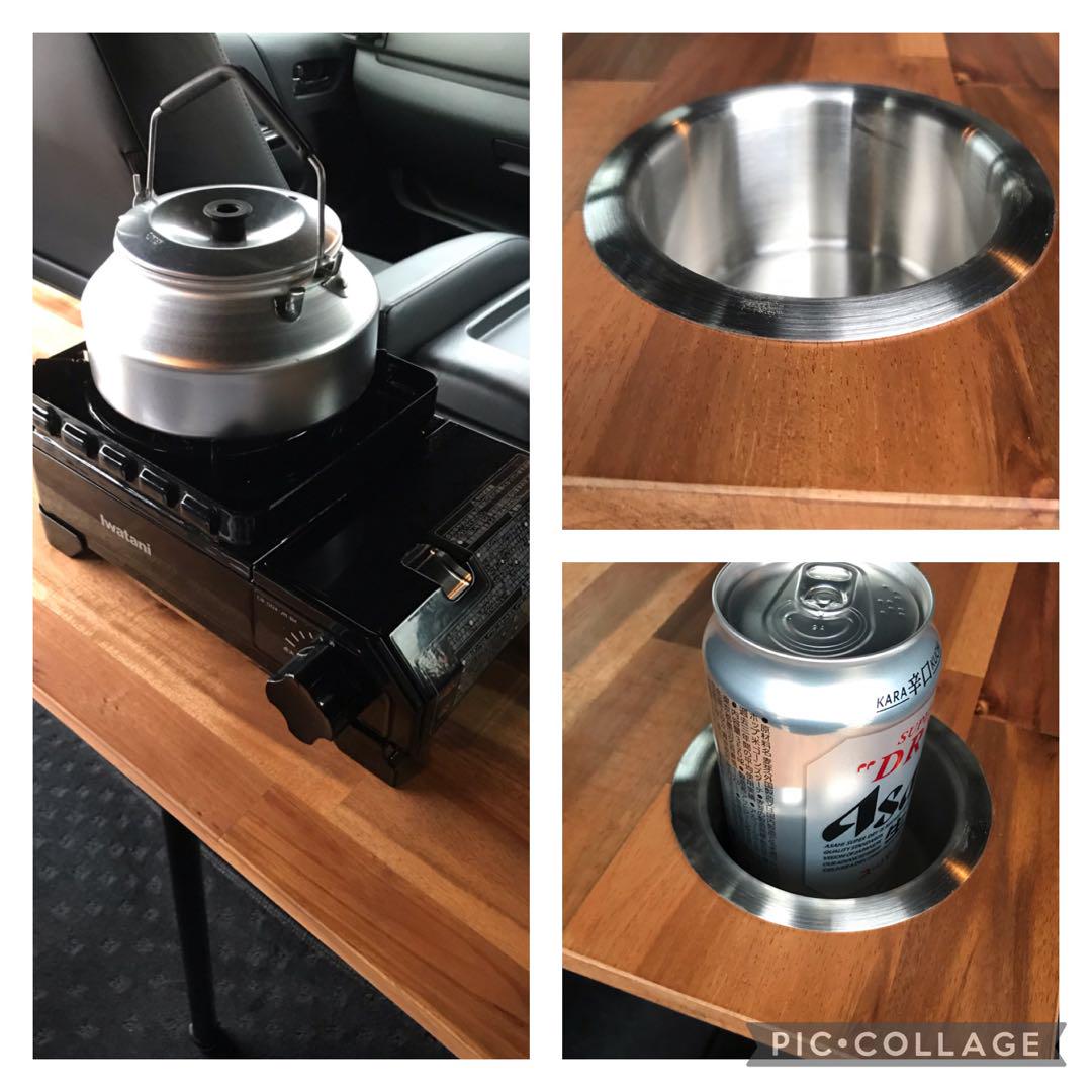 ハイエース セカンドテーブル アカシア材 カップホルダー ステンレス キャンプ