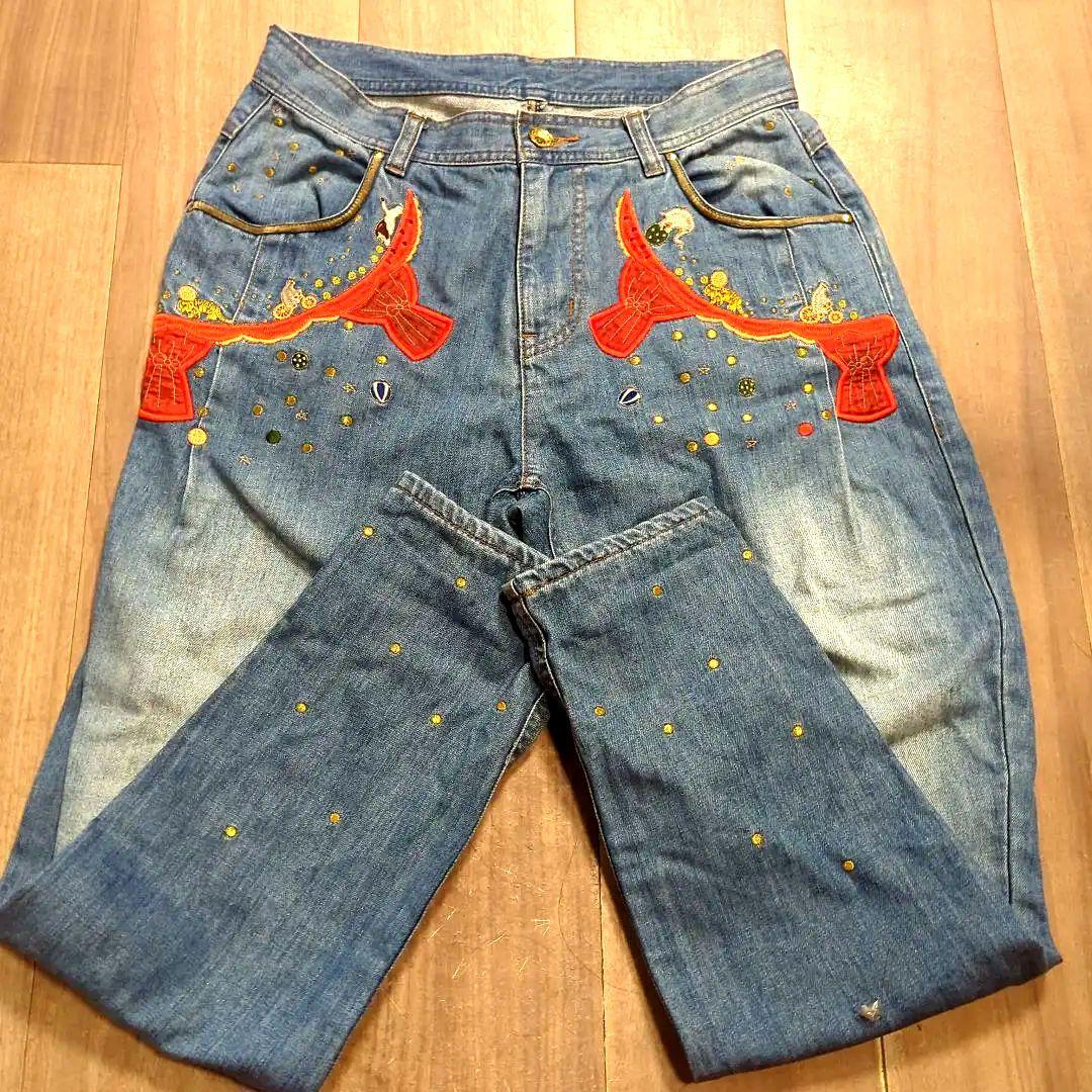 フランシュリッペ 刺繍 デニムパンツ 裾レース サーカス柄