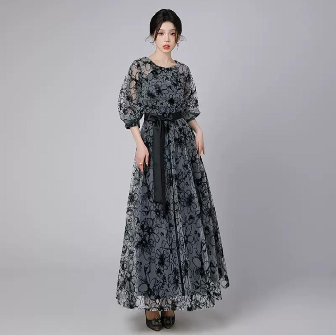 《301》パーティードレス ロング ブラック 花柄 結婚式 オケージョン