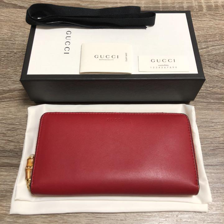 美品 グッチ ニムフェア バンブー ラウンドファスナー長財布 レッド レザー