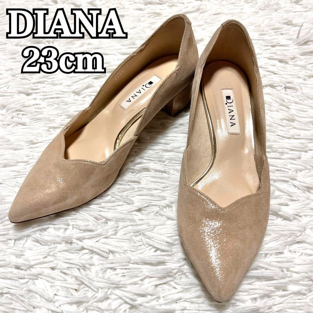 【良品】ダイアナ パンプス ラメ スエード 太ヒール フラワーカット ベージュ