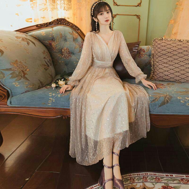 HOT人気 vネックのチュールワンピースは至高の至高の森系イブニングドレスS-2XL2 9Hmar-m46468589436 豊富な大人気