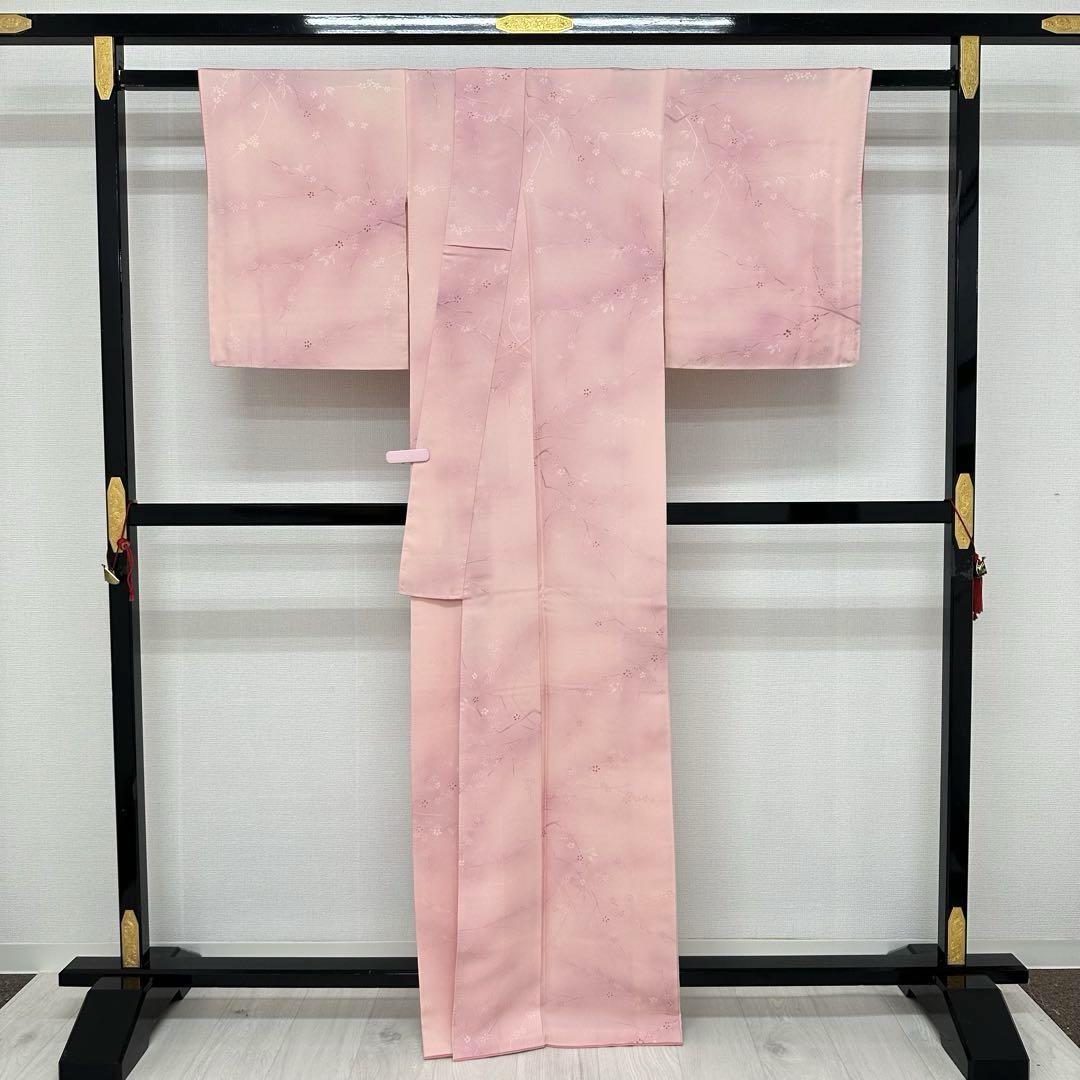 小紋 上品ピンクに可愛い花模様 着物 正絹 袷 広衿 RK-3952