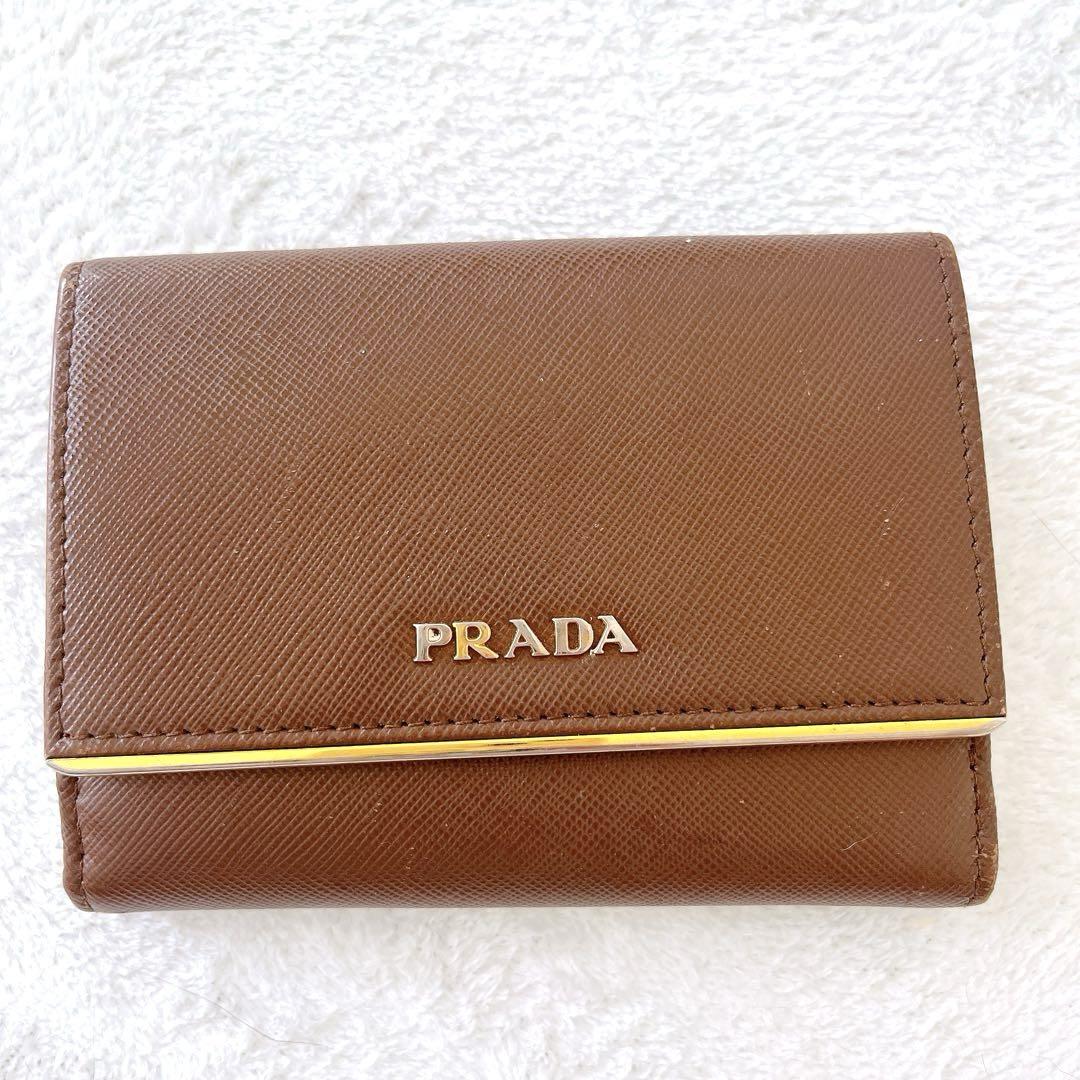 PRADA 財布 二つ折り コンパクト サフィアーノ レザー ゴールド ☆PRADA☆サフィアーノ 2つ折り財布 ブラウン ゴールド 兼用
