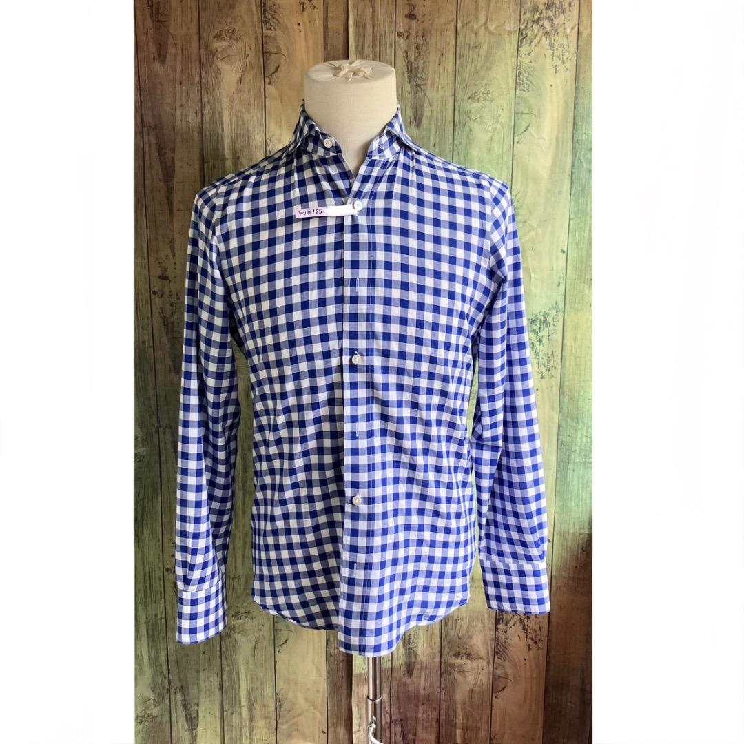 フィナモレ　ブルー　チェック　Sサイズ　クリーニング　シャツ　Finamore