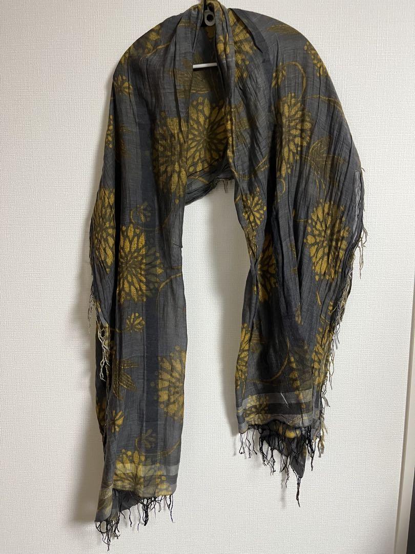 【新作★】*DRIES VAN NOTEN* メタリック フリンジ スカーフ ストール 刺繍 シルク フリンジ カーキ（2023/08/30買取