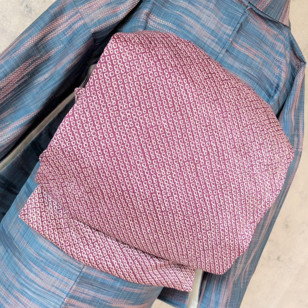 着物　紬　小紋　フルセット　正絹　横縞　青紺　F10