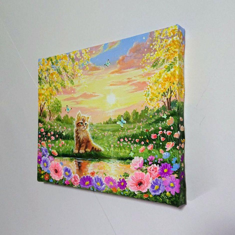 【春の夕空】アクリル画 F3 風景画 絵画