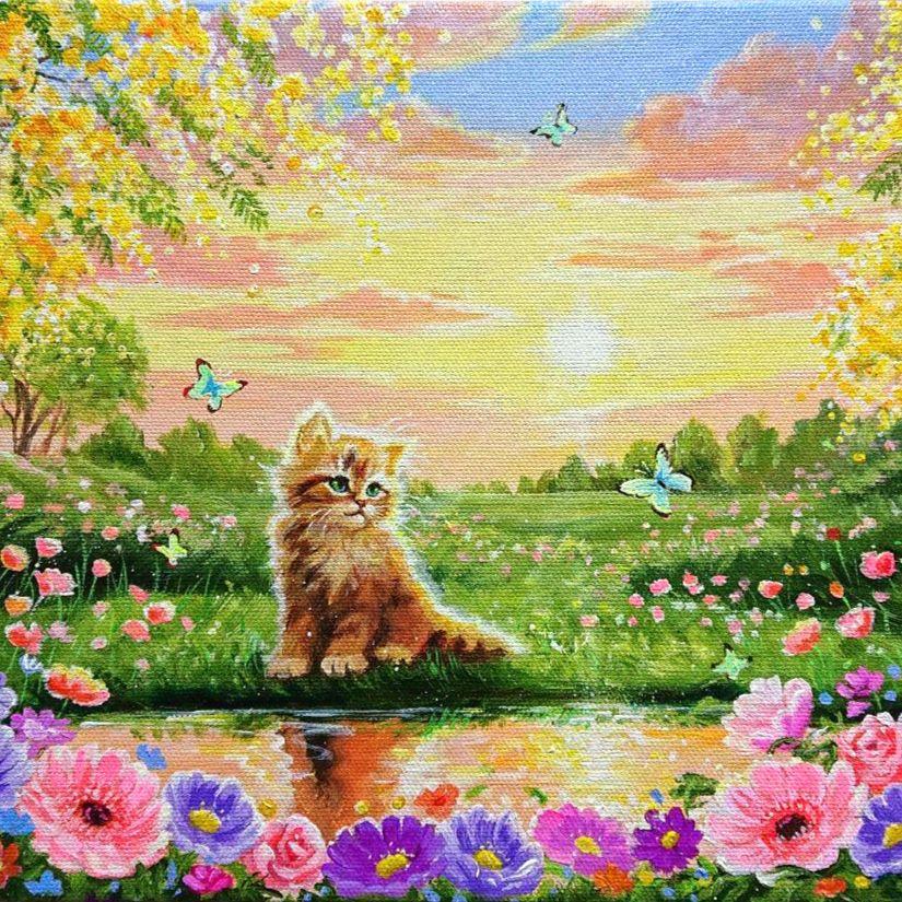 【春の夕空】アクリル画 F3 風景画 絵画