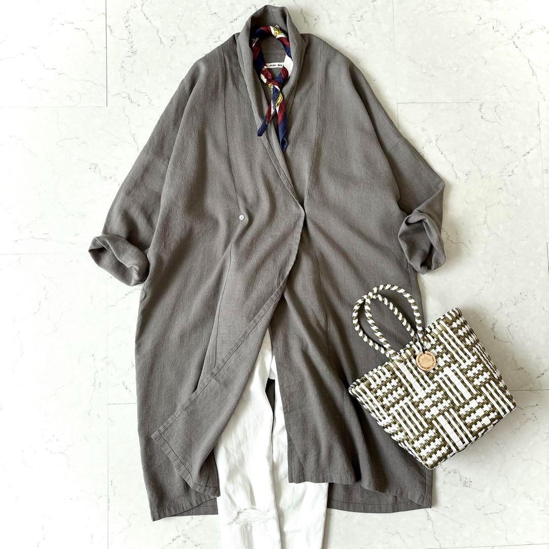 美品 エヴァムエヴァ リネンウールショールカラーワンピース カーディガン グレー