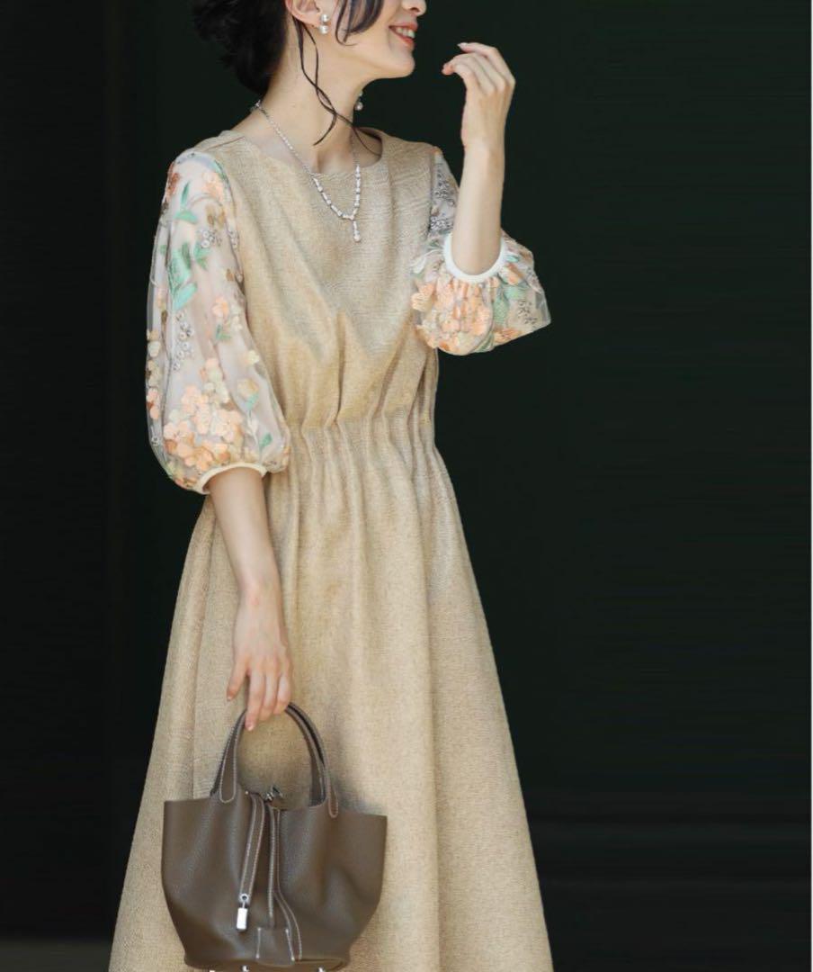 Frenchpave フレンチパヴェ 花袖レース タックワンピース cawaii