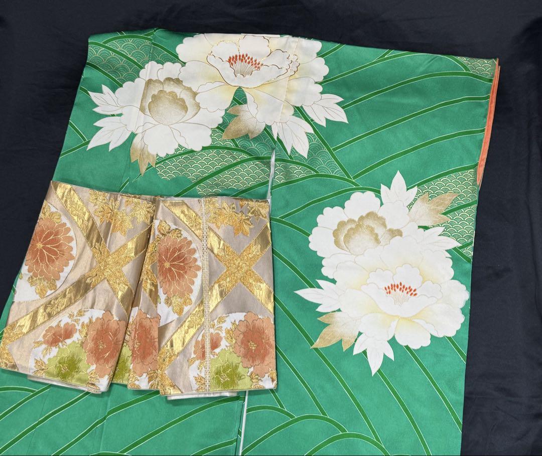 大人女性の k31⭐️緑振袖⭐️豪華絢爛綺麗華麗美品身丈162cm裄丈69cm正絹袷 着物・浴衣
