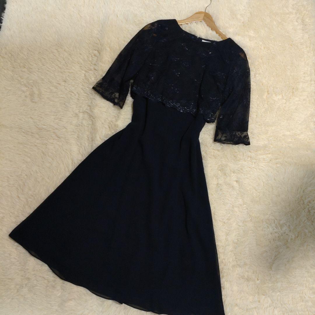iNFINE　フラワー刺繍レース切り替え　ワンピース　シフォン　13号ネイビー