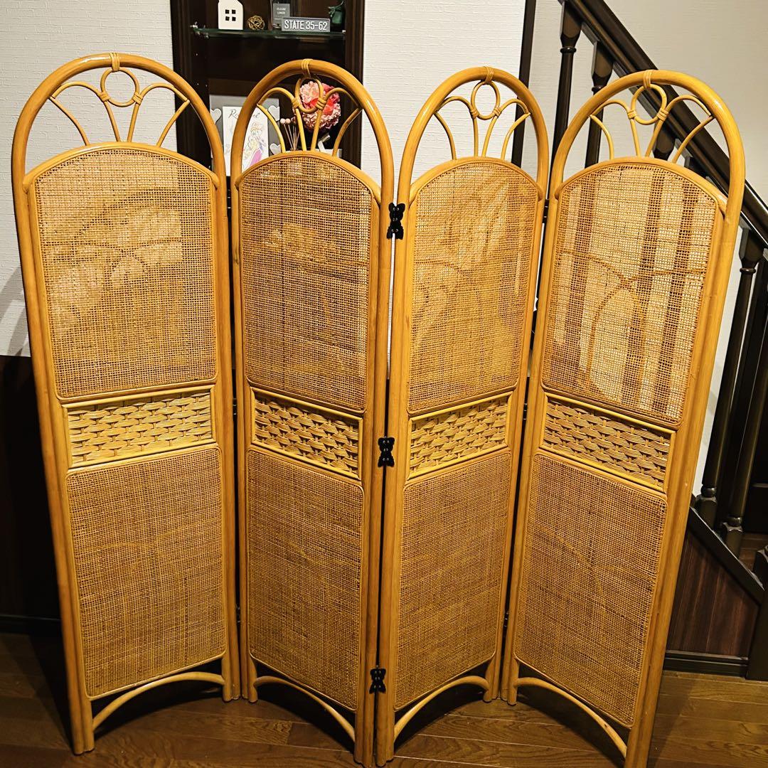 良品】 ラタン 木製パーテーション 4連 昭和レトロ ブラインド
