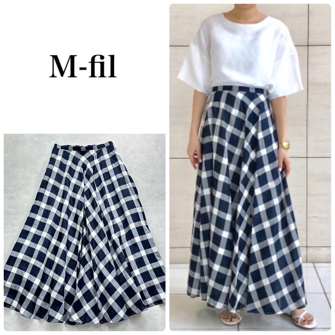 Mfil エムフィル　ネイビー　ブロックチェックスカート　ミカコナカムラ　S